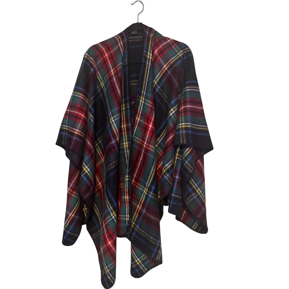 Multicolor Plaid Open Front Poncho Wrap Shawl with Whipstitch Trim One Size